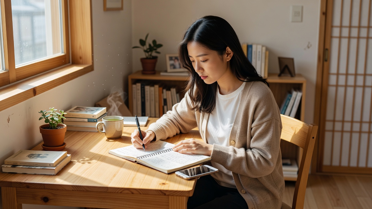 오늘의 운세 보는 방법을 메모하는 일상적인 장면